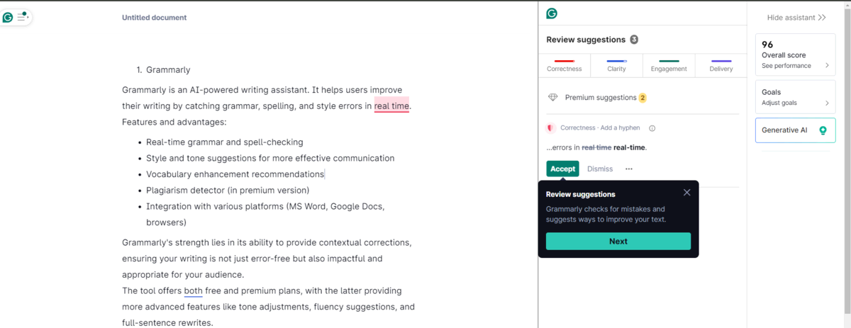 Grammarly Ai Writing Assistant Overview Grammarly interface showing document editor and suggestion panel with 96 overall score