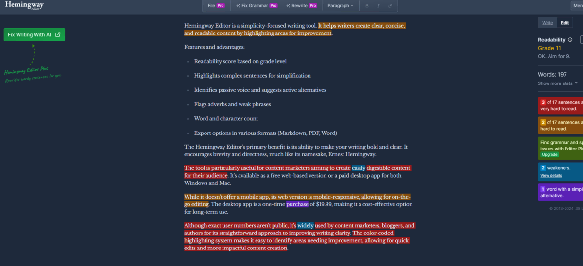 Hemingway Editor: Simplicity-Focused Writing Assistant Hemingway editor interface showing text analysis, readability score, and writing improvement suggestions