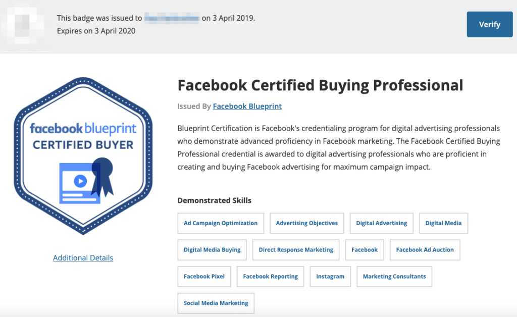Facebook Certified Buying Professional Credential Facebook blueprint certification badge for certified buying professional with skills list