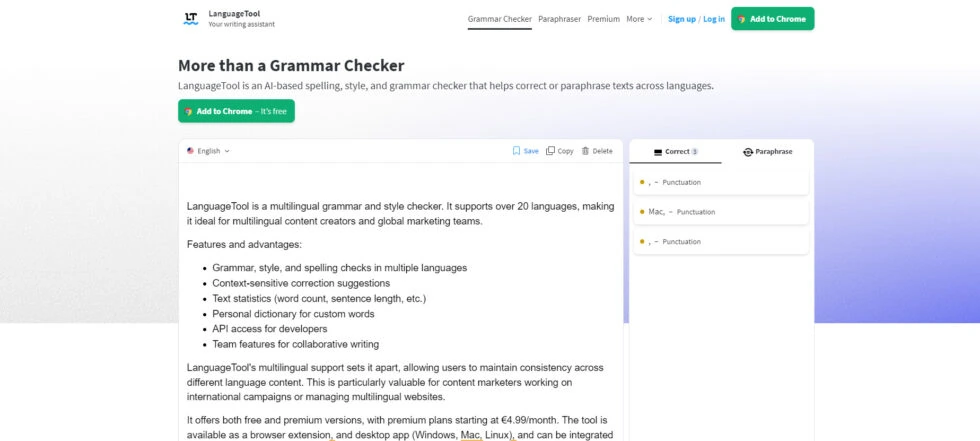 Languagetool: Ai-Powered Multilingual Writing Assistant Languagetool interface showing grammar checker, language selection, and correction suggestions
