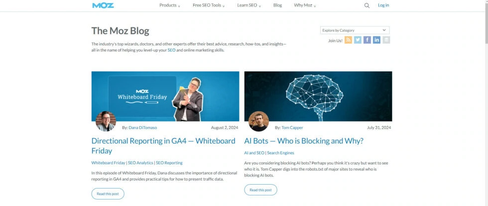 Moz Blog: Expert Seo Insights On Analytics And Ai Moz blog homepage featuring articles on ga4 directional reporting and ai bots in seo
