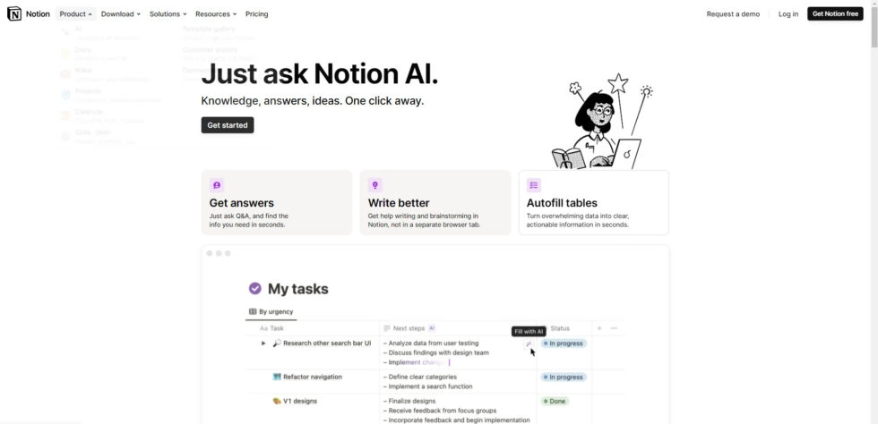 Notion Ai: Intelligent Workspace For Knowledge Management And Task Organization Notion ai interface showing main features: get answers, write better, autofill tables, and task management