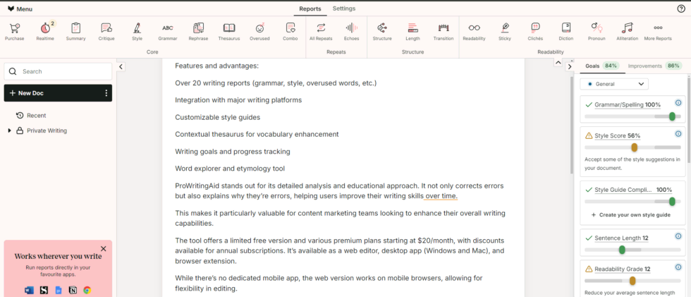 Prowritingaid: Comprehensive Writing Analysis Tool Prowritingaid dashboard showing various writing reports, document editor, and performance metrics