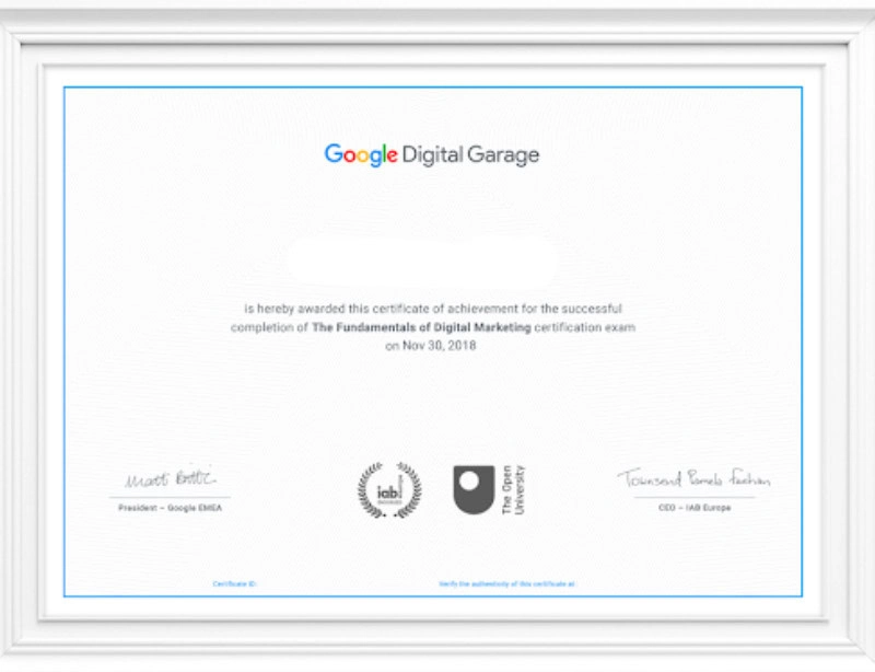 Google Digital Garage Fundamentals Of Digital Marketing Certificate Certificate from google digital garage for fundamentals of digital marketing course completion