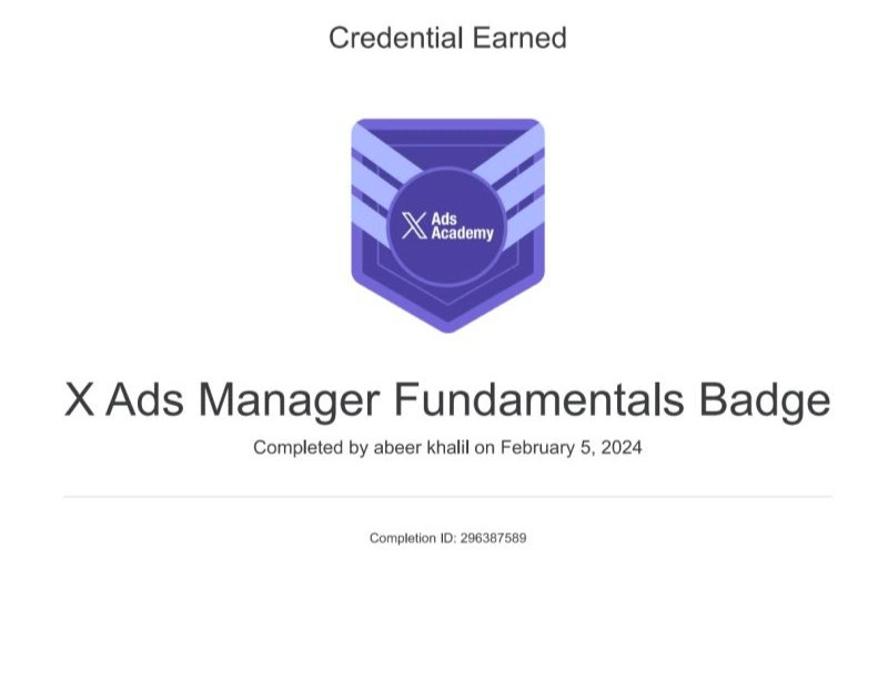 X Ads Manager Certification Badge By X Ads Academy Digital badge for x ads manager fundamentals certification, featuring x ads academy logo